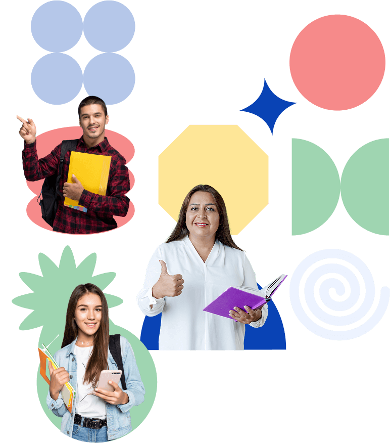 Estudiantes y docentes de distintos niveles educativos con materiales de estudio, representando una comunidad educativa diversa.