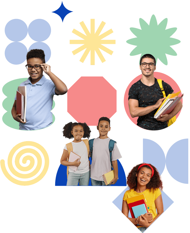 Niñas, niños y jóvenes estudiantes de diferentes edades y contextos, con cuadernos y mochilas, representando la diversidad educativa.