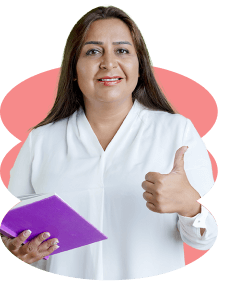 Docente sosteniendo un cuaderno y mostrando un gesto de aprobación, asociada a procesos de enseñanza y aprendizaje.